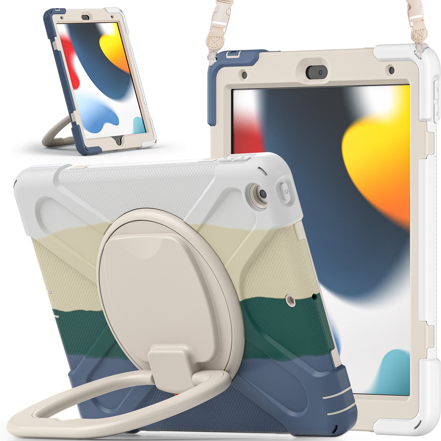 For iPad 10.2 (2021) / (2019) / (2020) Rotary Kickstand Tablet Case PC+Silicone Tablet Cover with Shoulder Strap