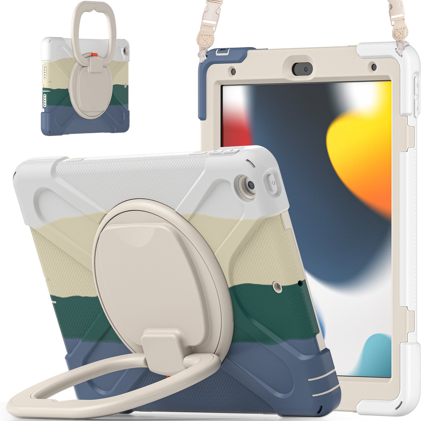 For iPad 10.2 (2021) / (2019) / (2020) Rotary Kickstand Tablet Case PC+Silicone Tablet Cover with Shoulder Strap