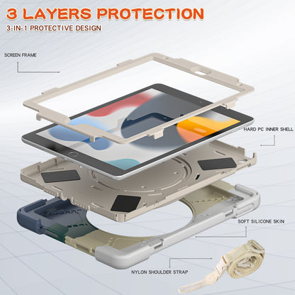 For iPad 10.2 (2021) / (2019) / (2020) Rotary Kickstand Tablet Case PC+Silicone Tablet Cover with Shoulder Strap