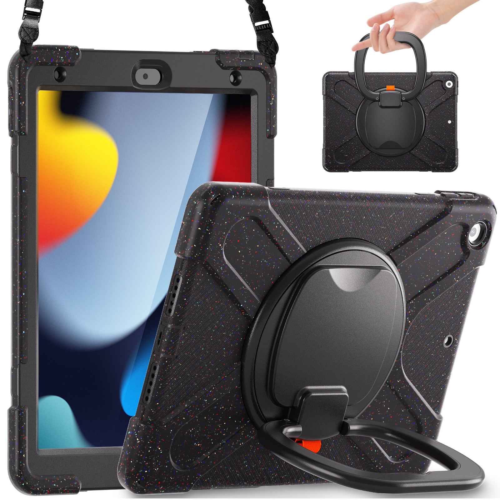 For iPad 10.2 (2021) / (2019) / (2020) Rotary Kickstand Tablet Case PC+Silicone Tablet Cover with Shoulder Strap