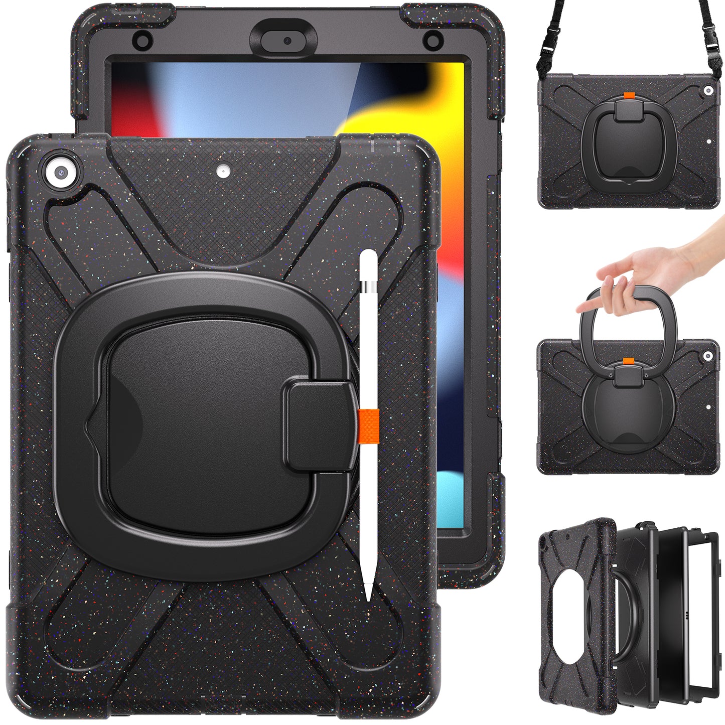 For iPad 10.2 (2021) / (2019) / (2020) Rotary Kickstand Tablet Case PC+Silicone Tablet Cover with Shoulder Strap