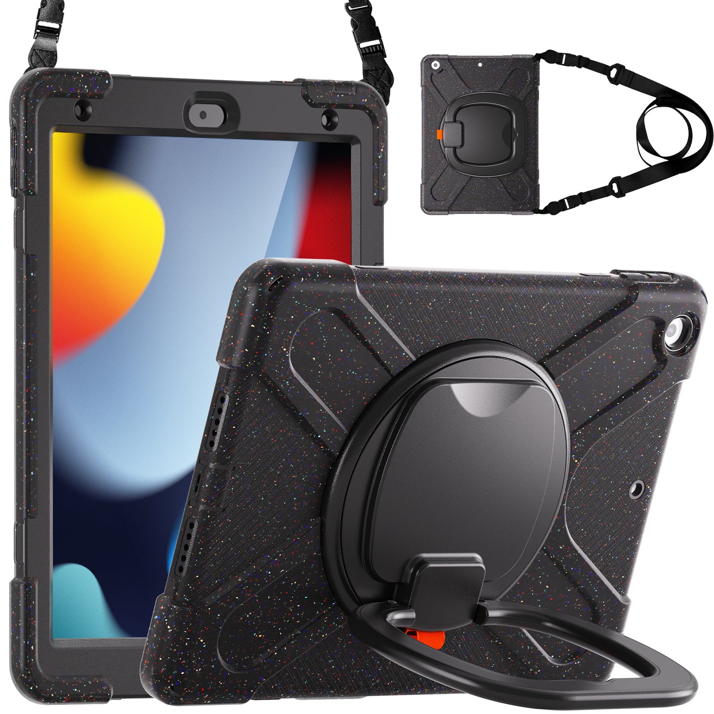For iPad 10.2 (2021) / (2019) / (2020) Rotary Kickstand Tablet Case PC+Silicone Tablet Cover with Shoulder Strap