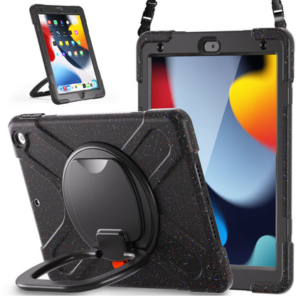 For iPad 10.2 (2021) / (2019) / (2020) Rotary Kickstand Tablet Case PC+Silicone Tablet Cover with Shoulder Strap