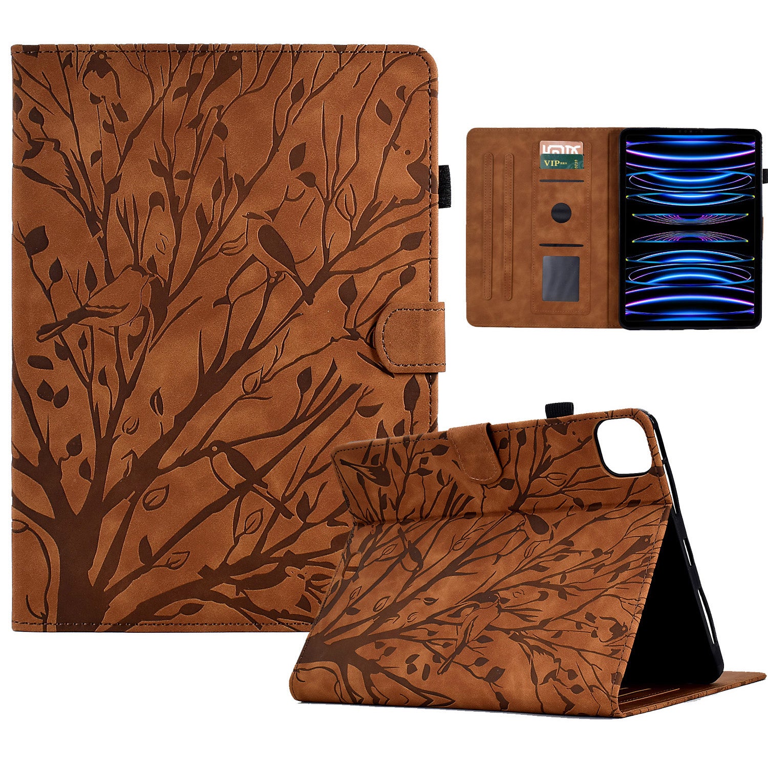 For iPad Pro 11 (2020) / (2021) / (2022) / iPad Air (2020) / (2022) Case Tree Imprinted Leather Tablet Cover with Card Slot