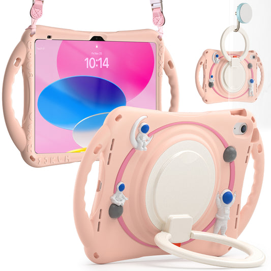 For iPad 10.9 (2022) Astronaut Tablet Case Rotating Kickstand Handle PC+Silicone Protective Cover with Pencil Holder