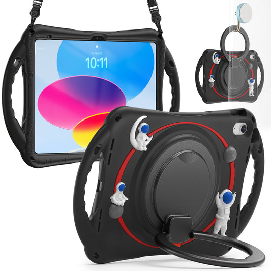 For iPad 10.9 (2022) Astronaut Tablet Case Rotating Kickstand Handle PC+Silicone Protective Cover with Pencil Holder