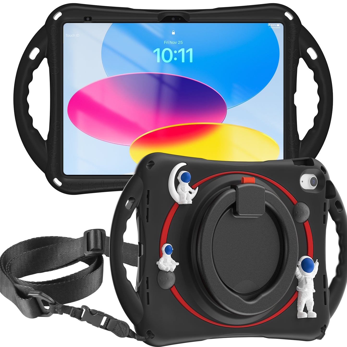 For iPad 10.9 (2022) Astronaut Tablet Case Rotating Kickstand Handle PC+Silicone Protective Cover with Pencil Holder