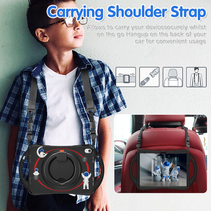 For iPad 10.9 (2022) Astronaut Tablet Case Rotating Kickstand Handle PC+Silicone Protective Cover with Pencil Holder