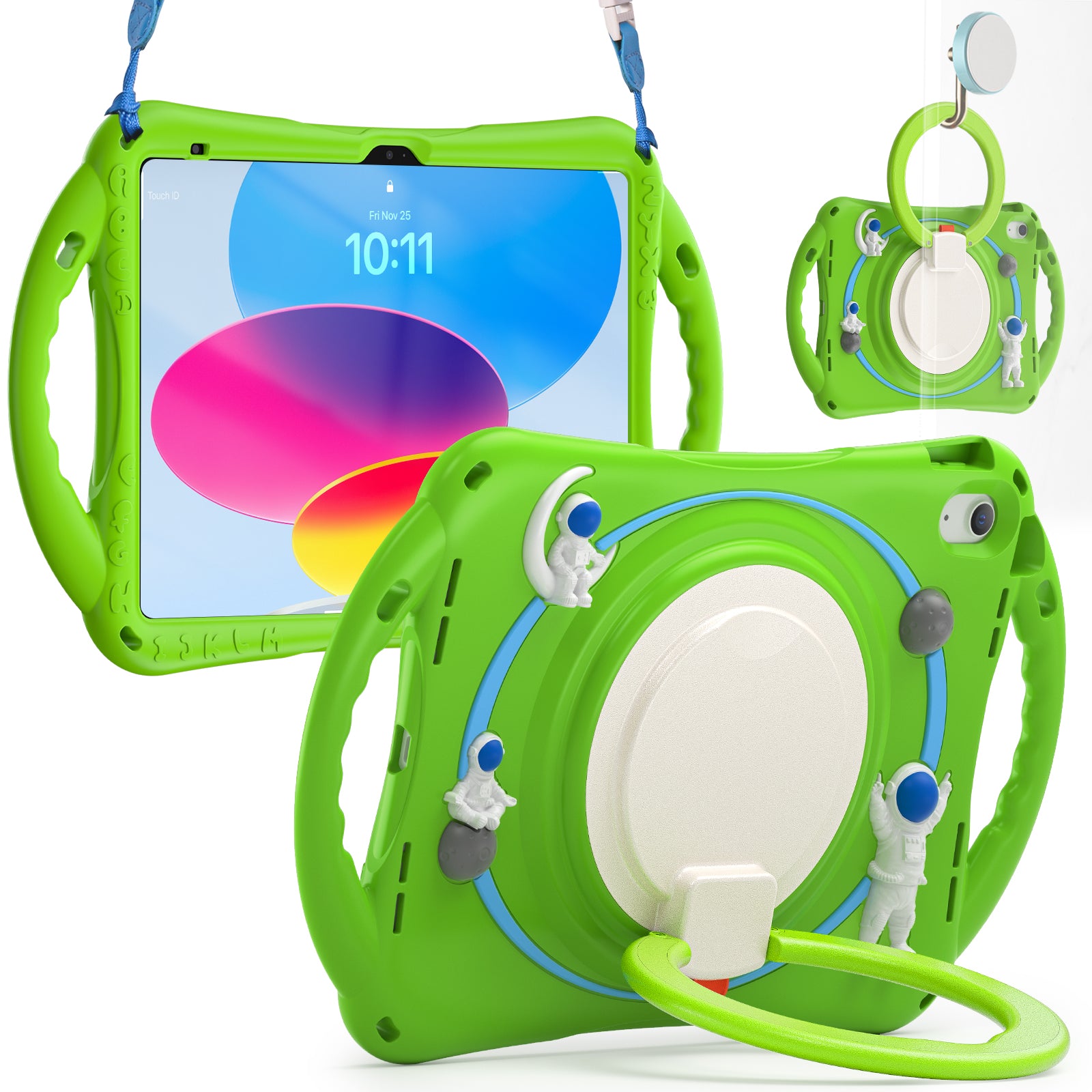 For iPad 10.9 (2022) Astronaut Tablet Case Rotating Kickstand Handle PC+Silicone Protective Cover with Pencil Holder