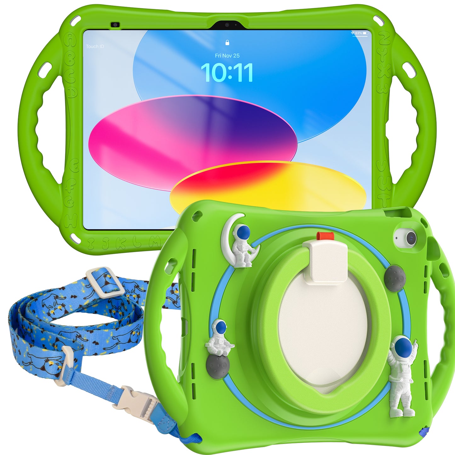 For iPad 10.9 (2022) Astronaut Tablet Case Rotating Kickstand Handle PC+Silicone Protective Cover with Pencil Holder