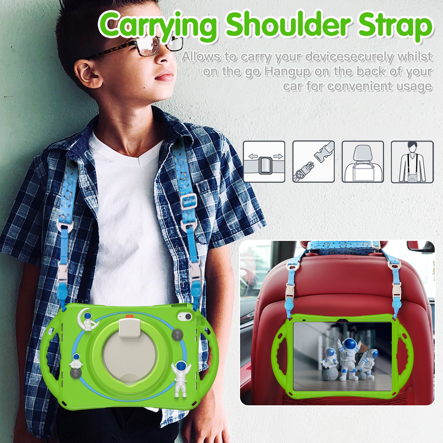For iPad 10.9 (2022) Astronaut Tablet Case Rotating Kickstand Handle PC+Silicone Protective Cover with Pencil Holder
