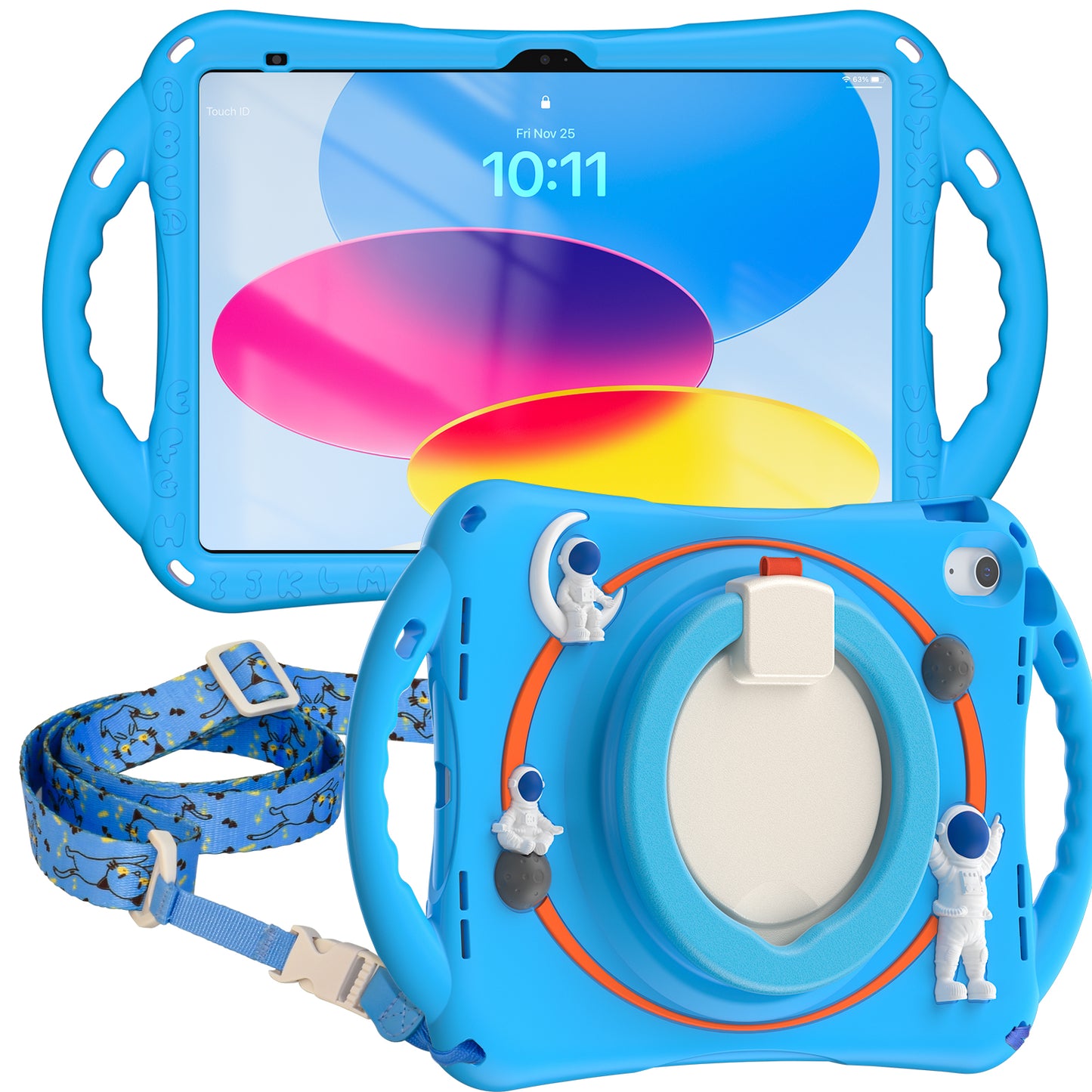 For iPad 10.9 (2022) Astronaut Tablet Case Rotating Kickstand Handle PC+Silicone Protective Cover with Pencil Holder