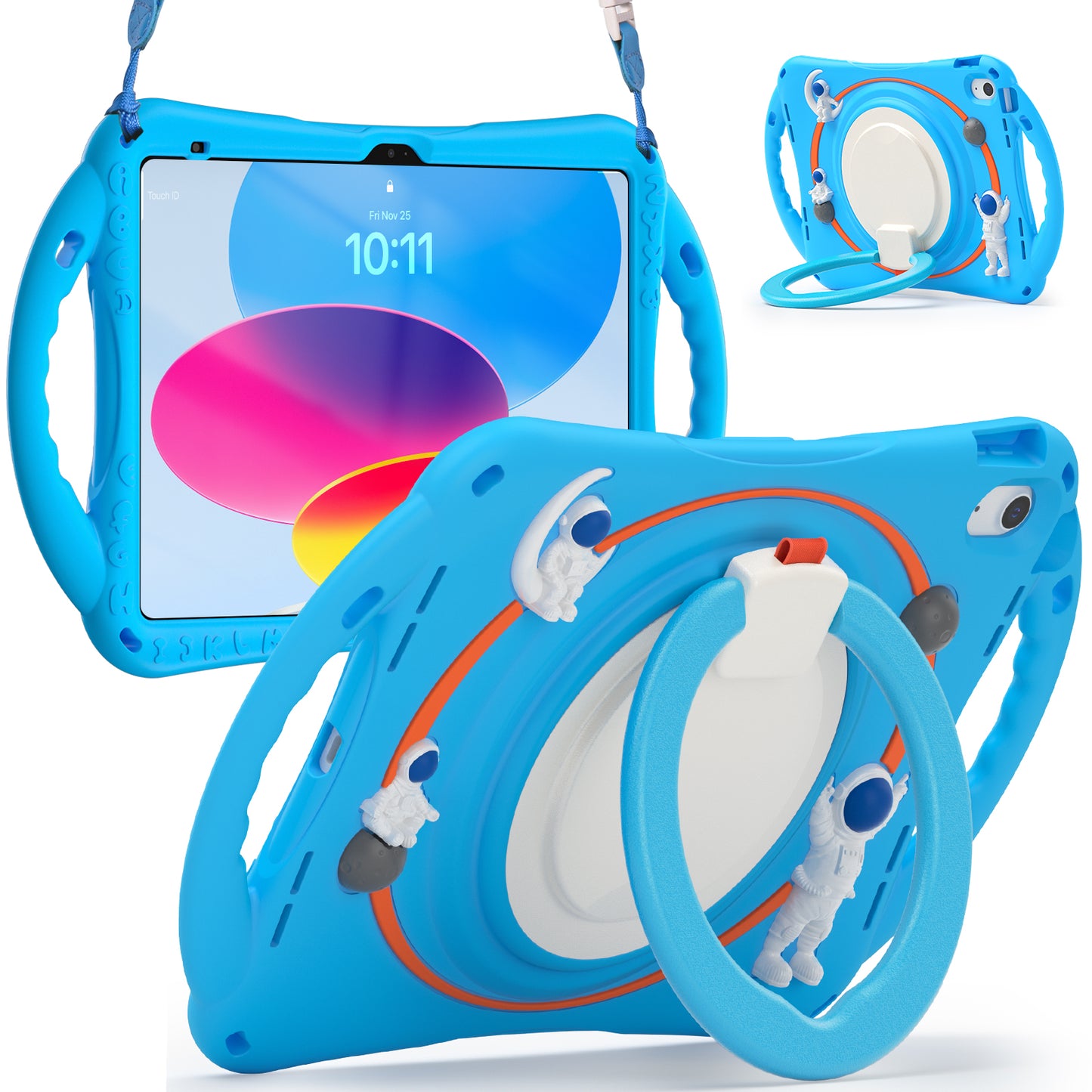 For iPad 10.9 (2022) Astronaut Tablet Case Rotating Kickstand Handle PC+Silicone Protective Cover with Pencil Holder