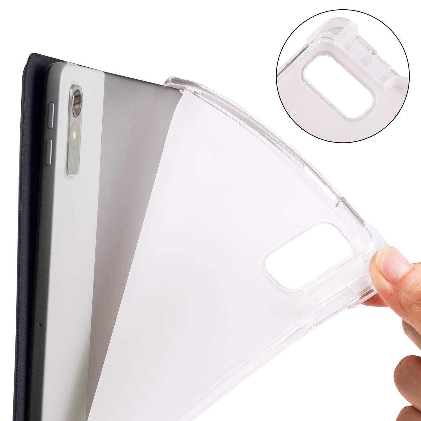 For Lenovo Tab P11 Gen 2 Tri-Fold Stand Case PU Leather Transparent Back Tablet Cover with Pencil Slot