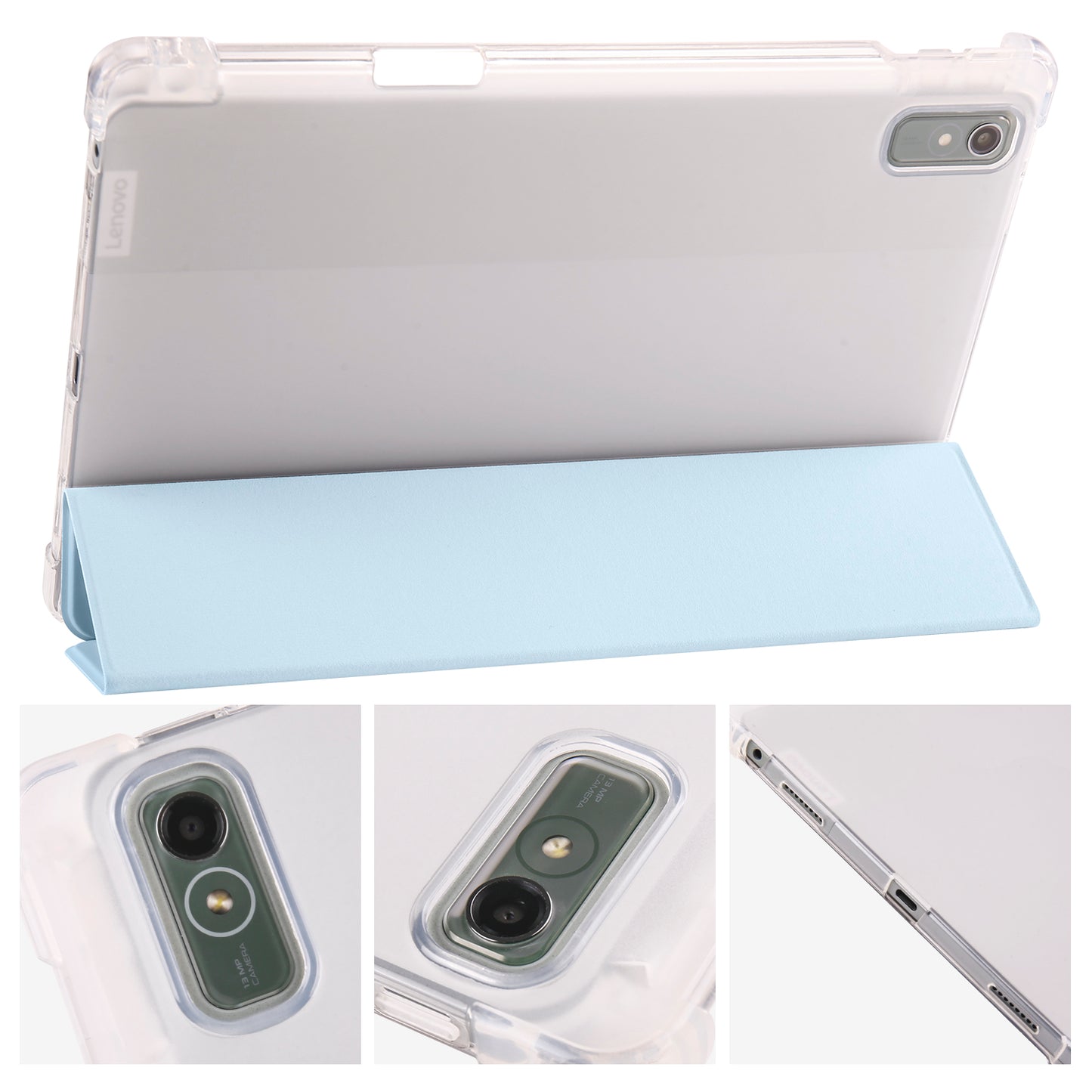 For Lenovo Tab P11 Gen 2 Tri-Fold Stand Case PU Leather Transparent Back Tablet Cover with Pencil Slot