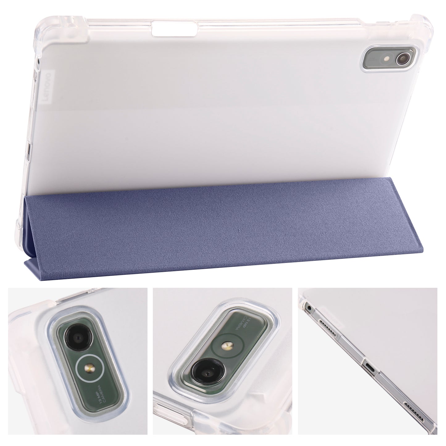 For Lenovo Tab P11 Gen 2 Tri-Fold Stand Case PU Leather Transparent Back Tablet Cover with Pencil Slot