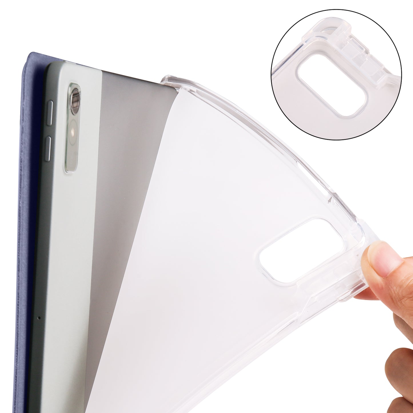 For Lenovo Tab P11 Gen 2 Tri-Fold Stand Case PU Leather Transparent Back Tablet Cover with Pencil Slot