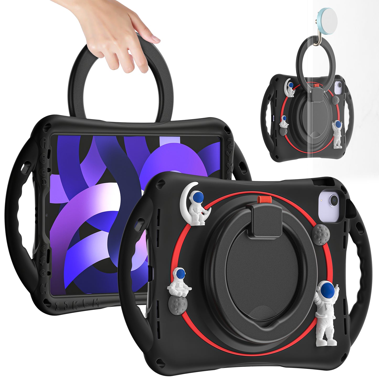 For iPad Air (2022) / (2020) / iPad Pro 11-inch (2018) / (2020) / (2021) / (2022) PC Silicone Case Tablet Case Astronaut Style-B Kickstand Hand Carrying Ring Cover