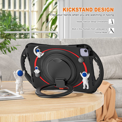 For iPad Air (2022) / (2020) / iPad Pro 11-inch (2018) / (2020) / (2021) / (2022) PC Silicone Case Tablet Case Astronaut Style-B Kickstand Hand Carrying Ring Cover