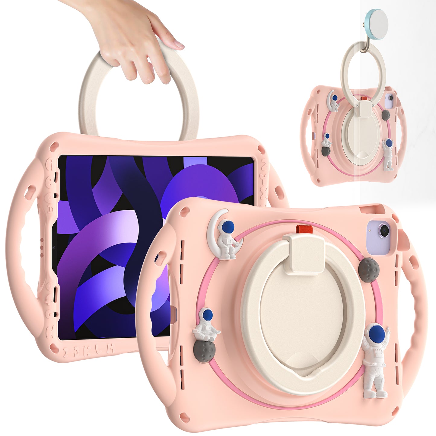 For iPad Air (2022) / (2020) / iPad Pro 11-inch (2018) / (2020) / (2021) / (2022) PC Silicone Case Tablet Case Astronaut Style-B Kickstand Hand Carrying Ring Cover