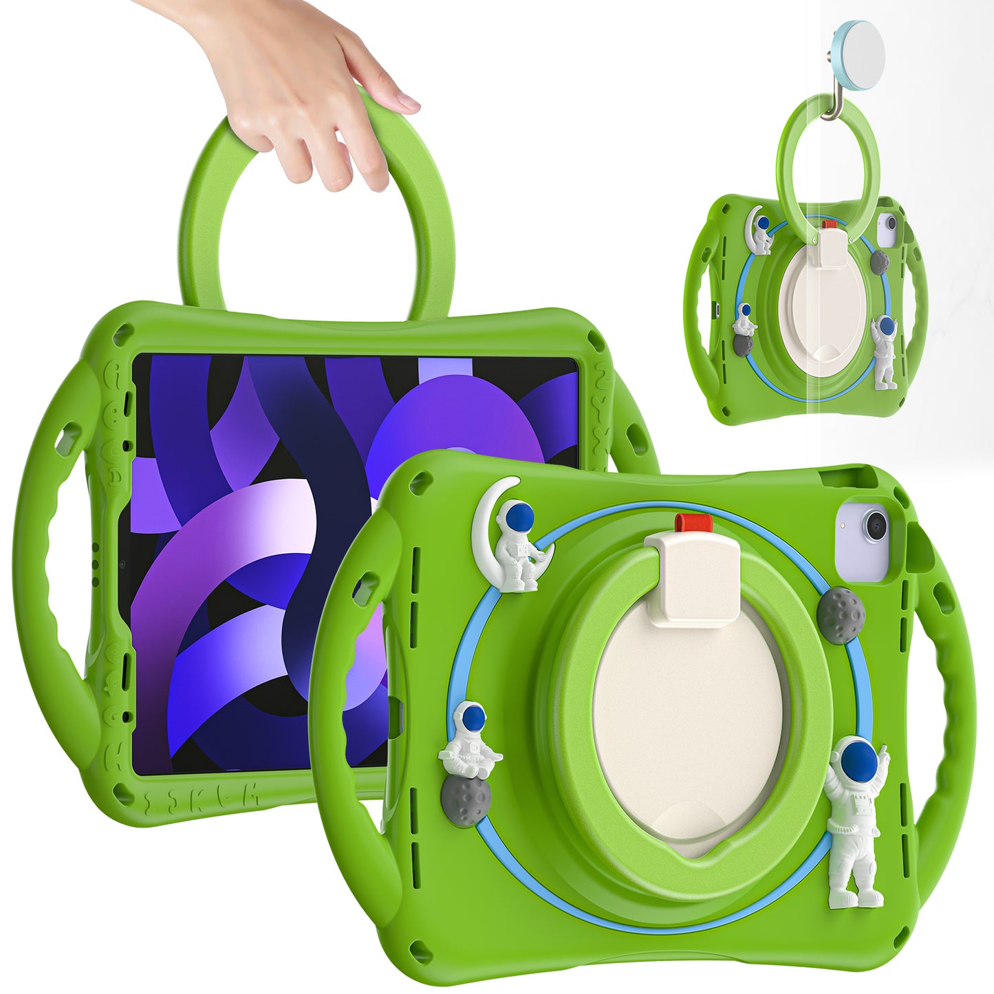 For iPad Air (2022) / (2020) / iPad Pro 11-inch (2018) / (2020) / (2021) / (2022) PC Silicone Case Tablet Case Astronaut Style-B Kickstand Hand Carrying Ring Cover