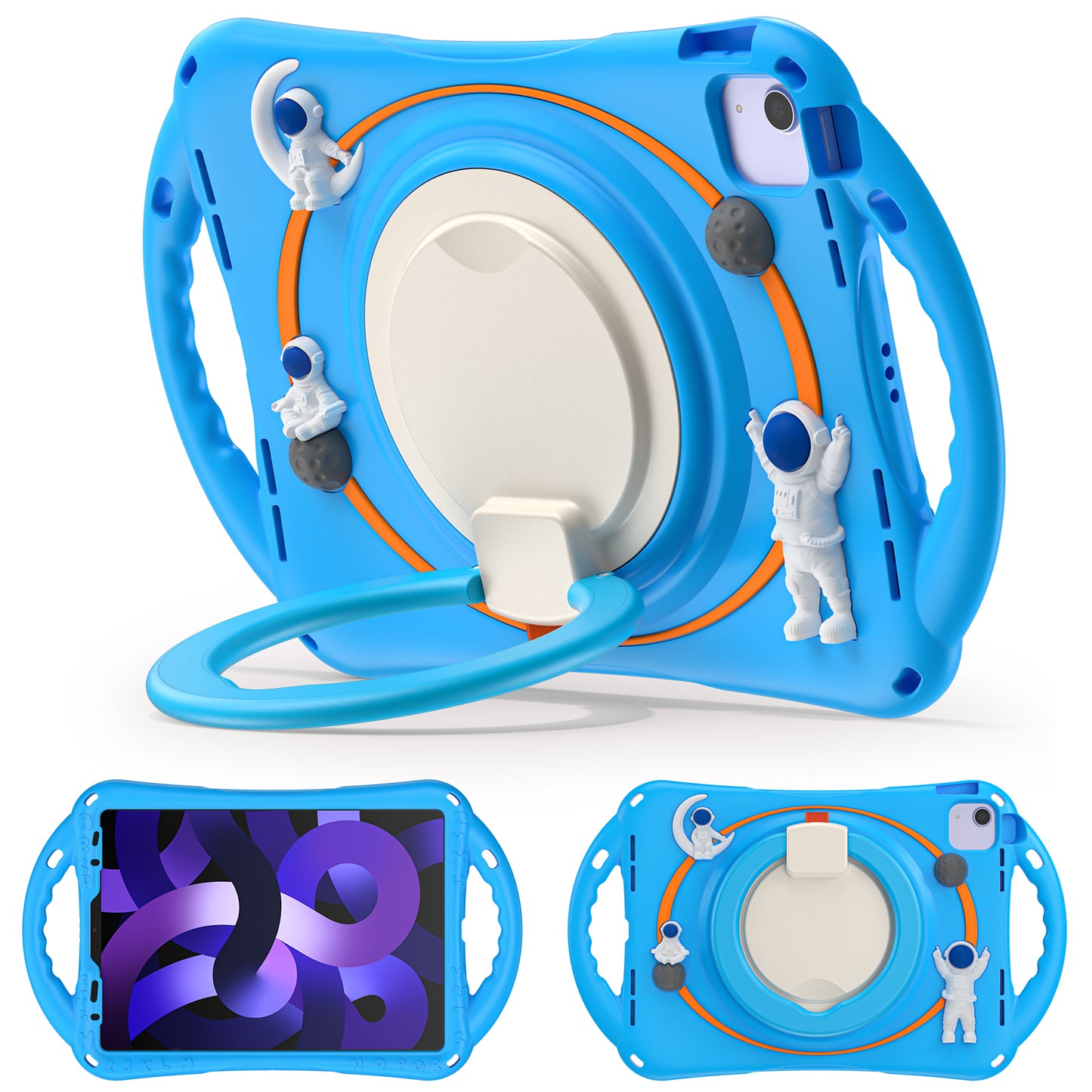 For iPad Air (2022) / (2020) / iPad Pro 11-inch (2018) / (2020) / (2021) / (2022) PC Silicone Case Tablet Case Astronaut Style-B Kickstand Hand Carrying Ring Cover