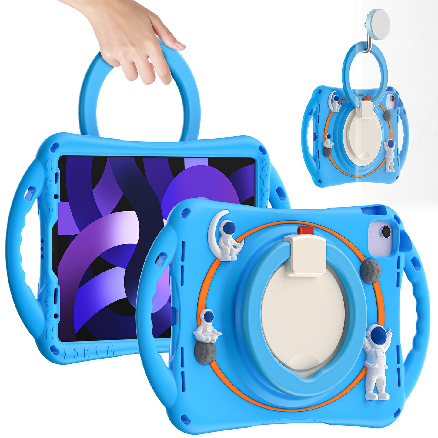 For iPad Air (2022) / (2020) / iPad Pro 11-inch (2018) / (2020) / (2021) / (2022) PC Silicone Case Tablet Case Astronaut Style-B Kickstand Hand Carrying Ring Cover