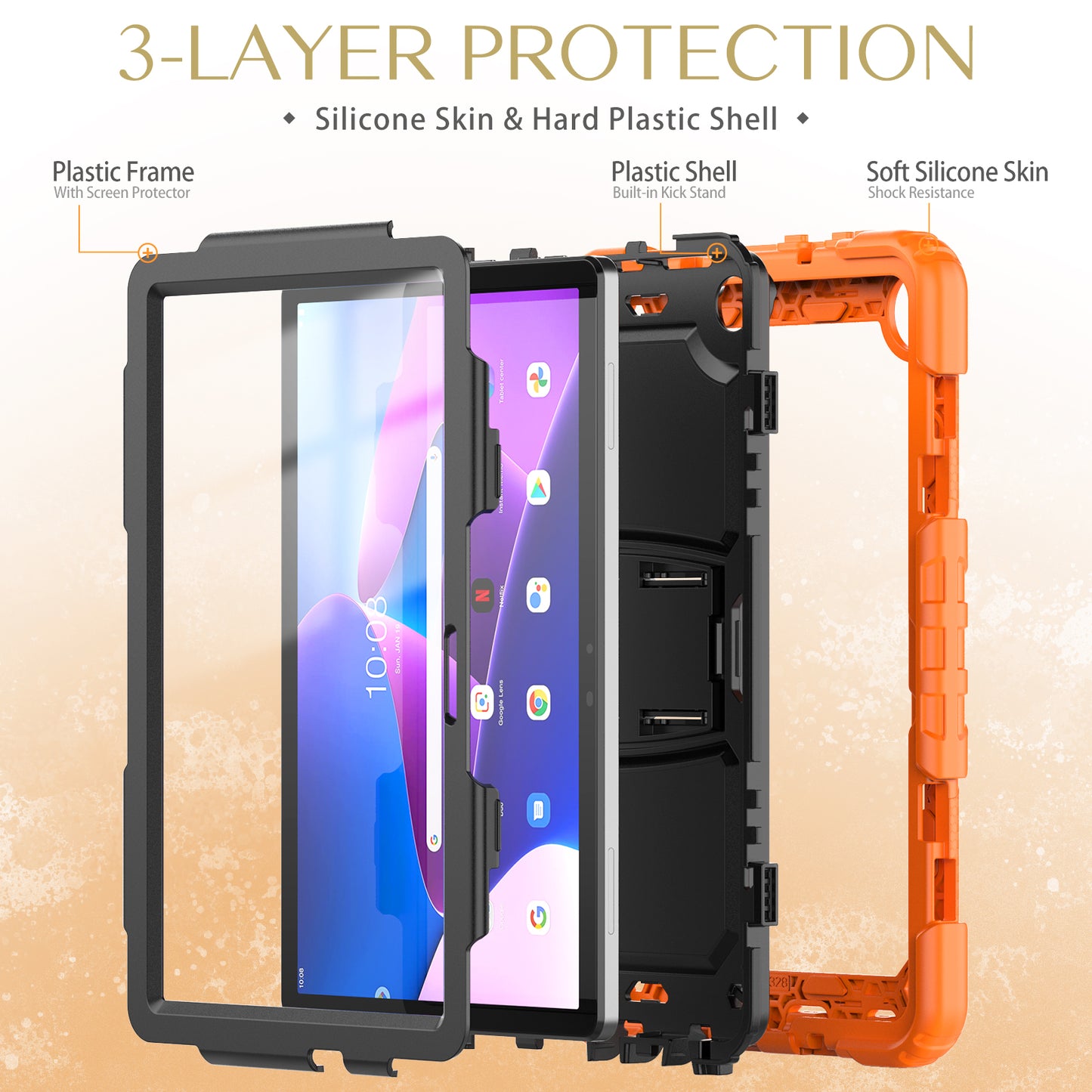For Lenovo Tab M10 (Gen 3) TB-328F Anti-Scratch Silicone+PC Tablet Case Kickstand Cover with Strap