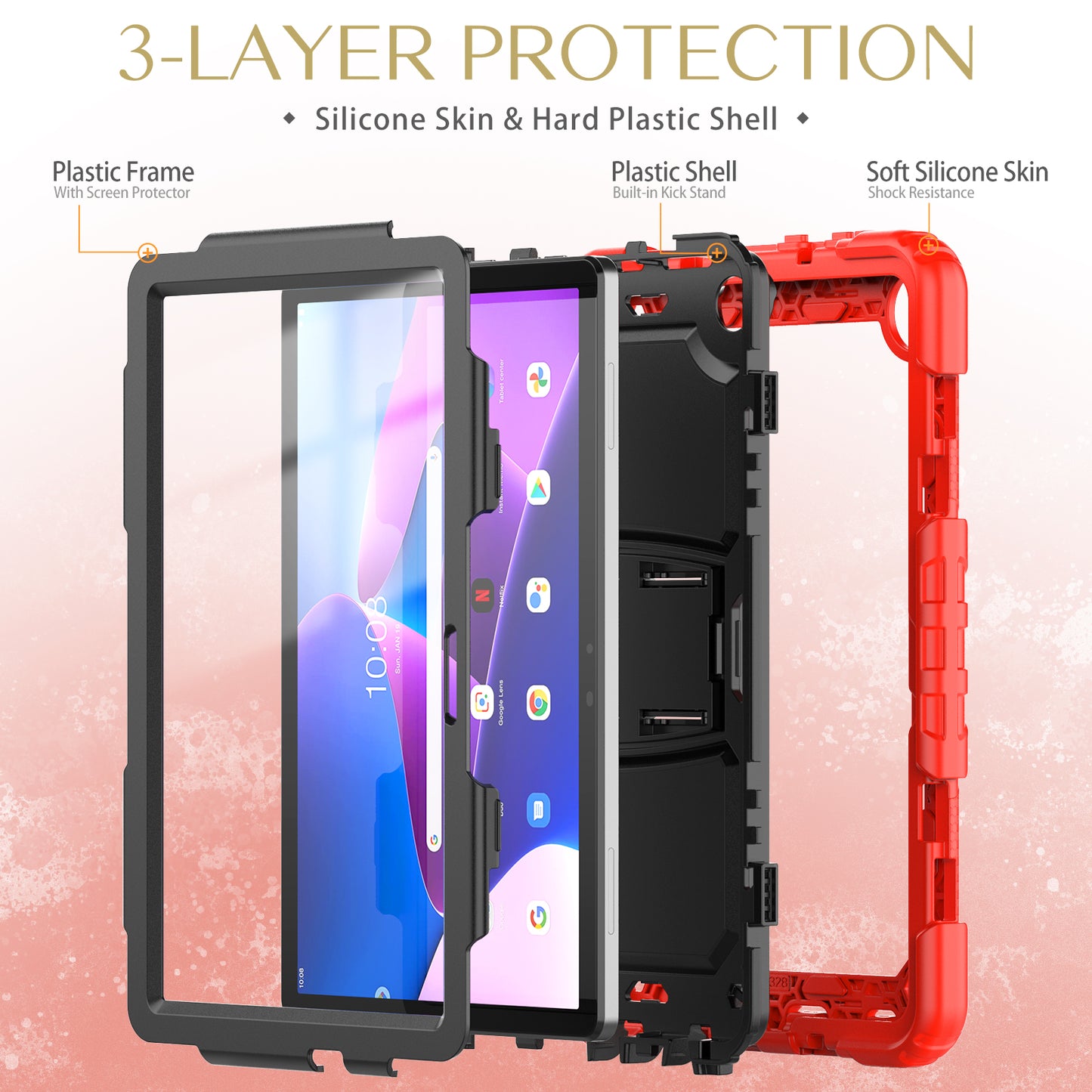 For Lenovo Tab M10 (Gen 3) TB-328F Anti-Scratch Silicone+PC Tablet Case Kickstand Cover with Strap