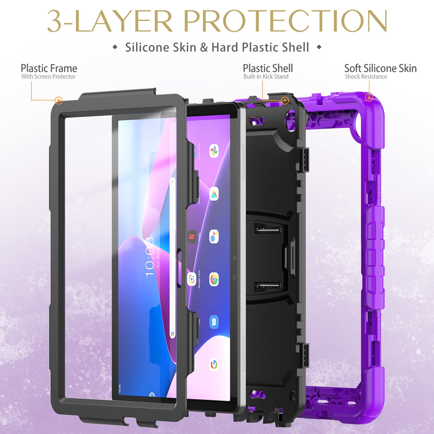 For Lenovo Tab M10 (Gen 3) TB-328F Anti-Scratch Silicone+PC Tablet Case Kickstand Cover with Strap