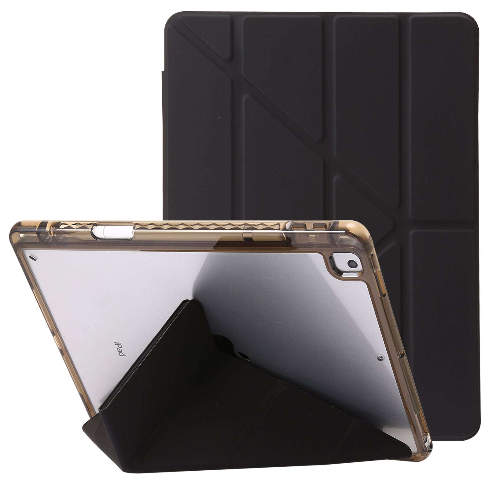 For iPad 10.2 (2021) / (2020) / (2019) Tablet Case Origami Tri-fold Stand PU Leather+Clear Acrylic Cover