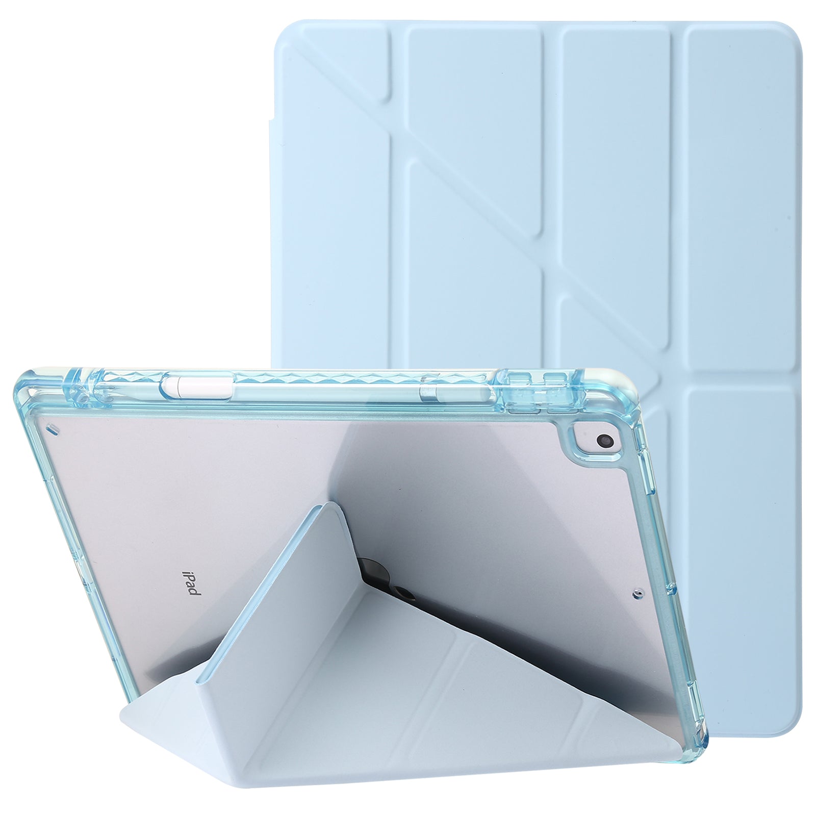 For iPad 10.2 (2021) / (2020) / (2019) Tablet Case Origami Tri-fold Stand PU Leather+Clear Acrylic Cover
