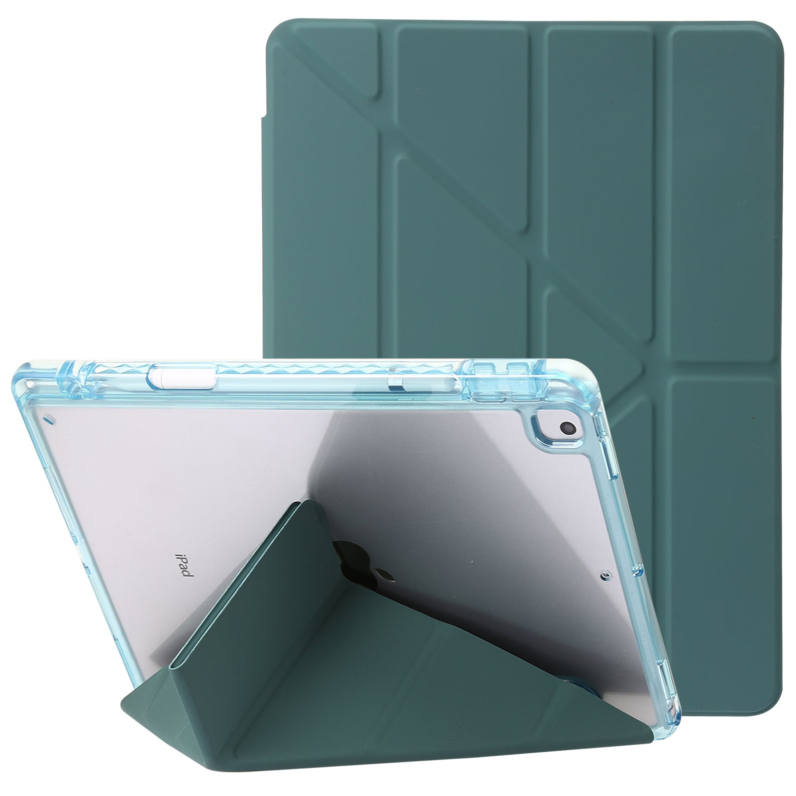 For iPad 10.2 (2021) / (2020) / (2019) Tablet Case Origami Tri-fold Stand PU Leather+Clear Acrylic Cover