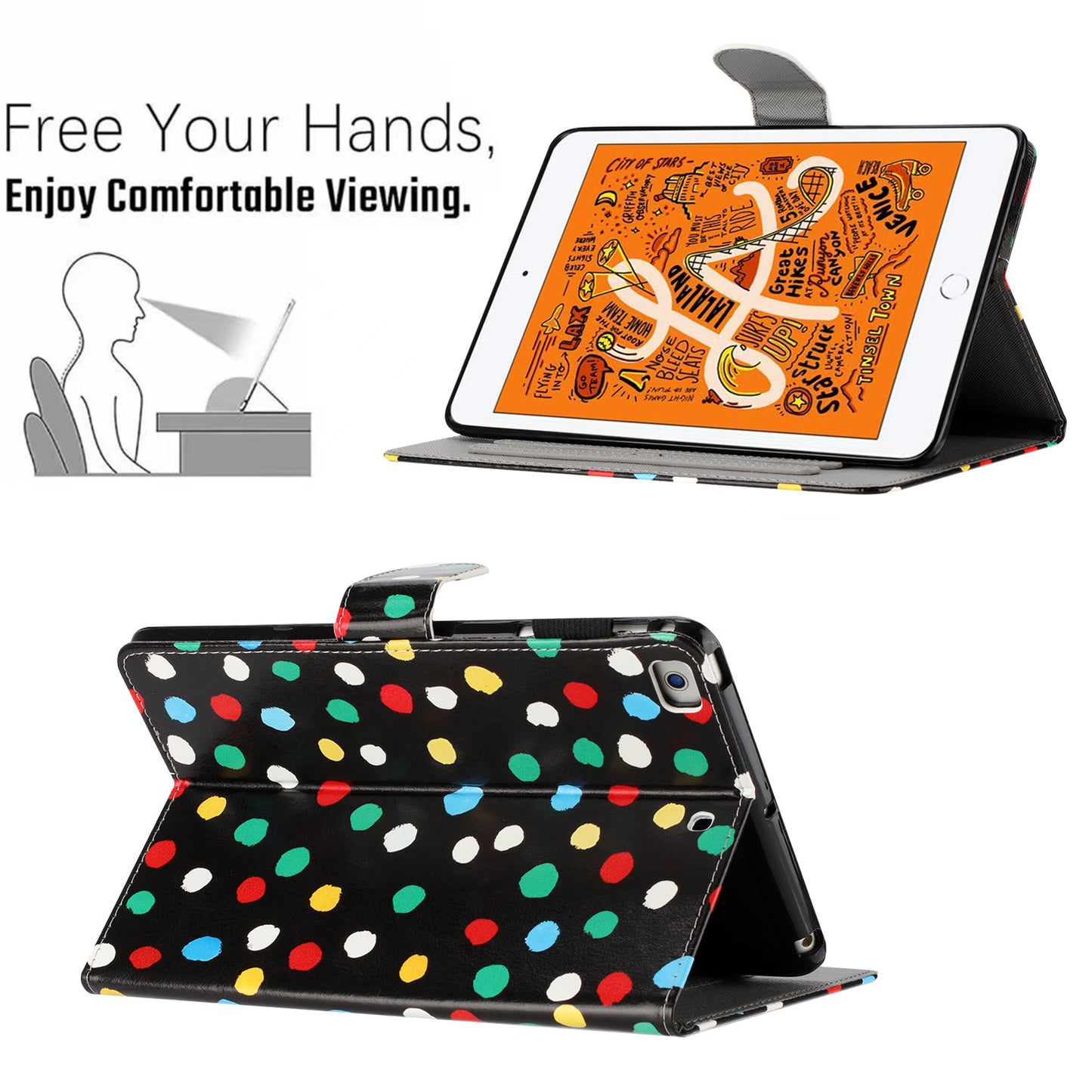 For iPad Mini / Mini 2 / mini 3 / mini 4 / mini (2019) 7.9 inch PU Leather Tablet Case Dot Printing Shockproof Cover