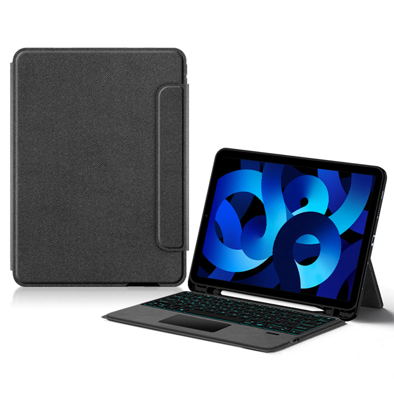 For iPad Air (2020) / (2022) Tablet Case Genuine Cow Leather Folio Stand Cover with Integrated Backlight Wireless Keyboard