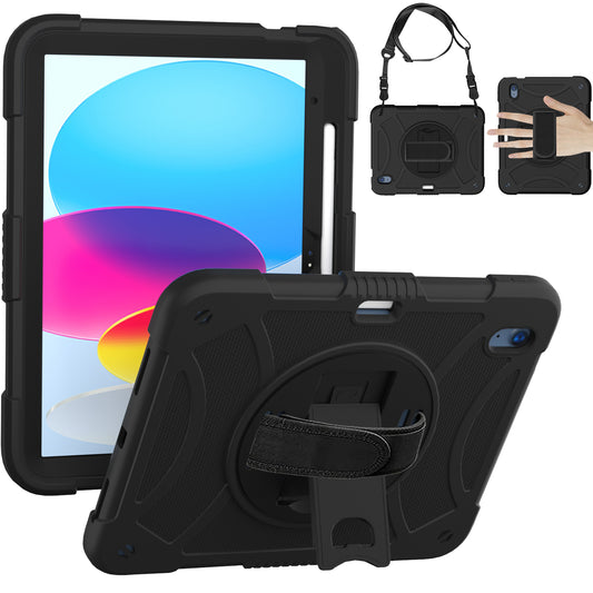 For iPad 10.9 (2022) Rotating Kickstand Tablet Case Silicone+PC Anti-Drop Cover with Pencil Holder / Shoulder Strap
