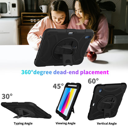 For iPad 10.9 (2022) Rotating Kickstand Tablet Case Silicone+PC Anti-Drop Cover with Pencil Holder / Shoulder Strap
