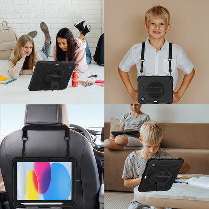For iPad 10.9 (2022) Rotating Kickstand Tablet Case Silicone+PC Anti-Drop Cover with Pencil Holder / Shoulder Strap