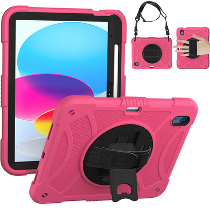 For iPad 10.9 (2022) Rotating Kickstand Tablet Case Silicone+PC Anti-Drop Cover with Pencil Holder / Shoulder Strap