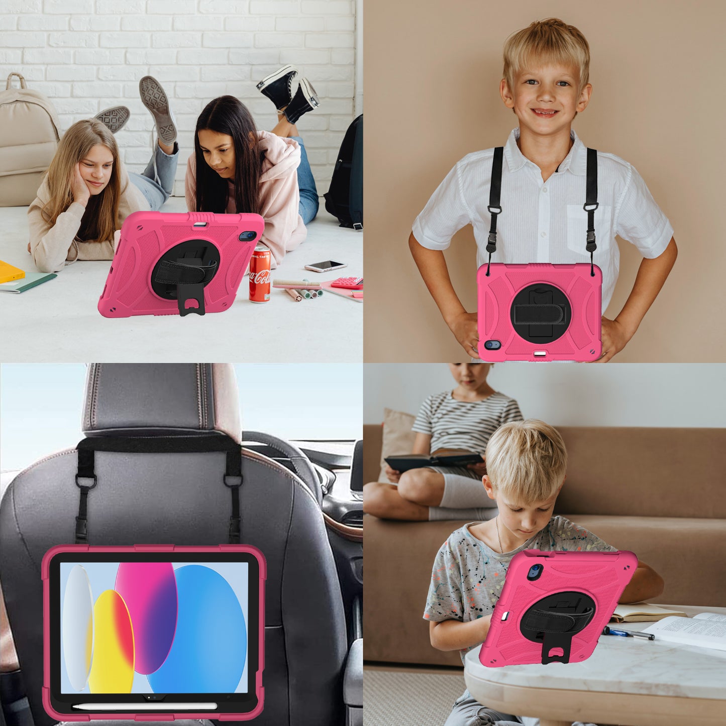 For iPad 10.9 (2022) Rotating Kickstand Tablet Case Silicone+PC Anti-Drop Cover with Pencil Holder / Shoulder Strap