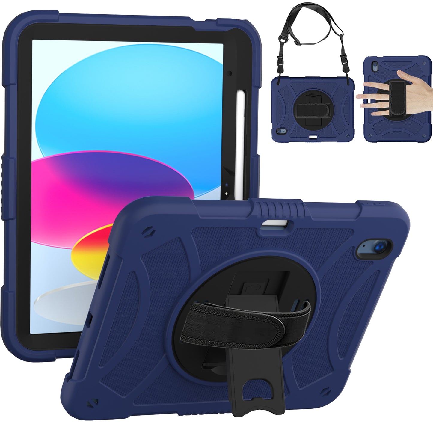 For iPad 10.9 (2022) Rotating Kickstand Tablet Case Silicone+PC Anti-Drop Cover with Pencil Holder / Shoulder Strap
