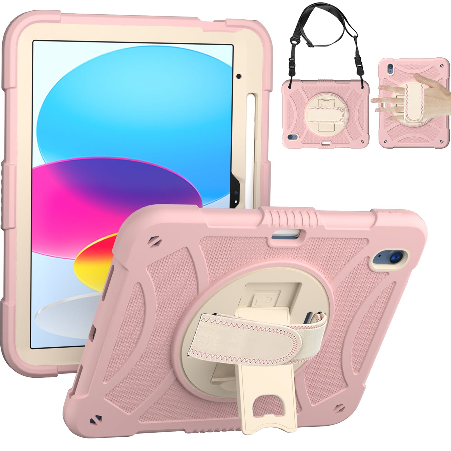 For iPad 10.9 (2022) Rotating Kickstand Tablet Case Silicone+PC Anti-Drop Cover with Pencil Holder / Shoulder Strap
