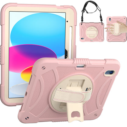 For iPad 10.9 (2022) Rotating Kickstand Tablet Case Silicone+PC Anti-Drop Cover with Pencil Holder / Shoulder Strap