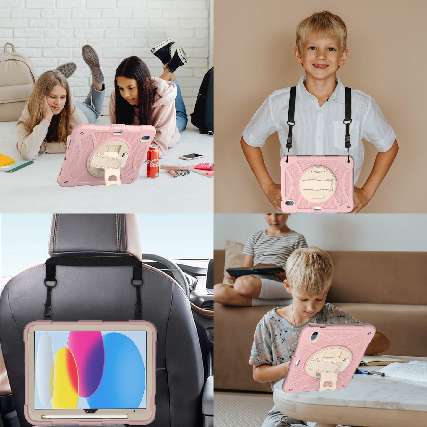 For iPad 10.9 (2022) Rotating Kickstand Tablet Case Silicone+PC Anti-Drop Cover with Pencil Holder / Shoulder Strap