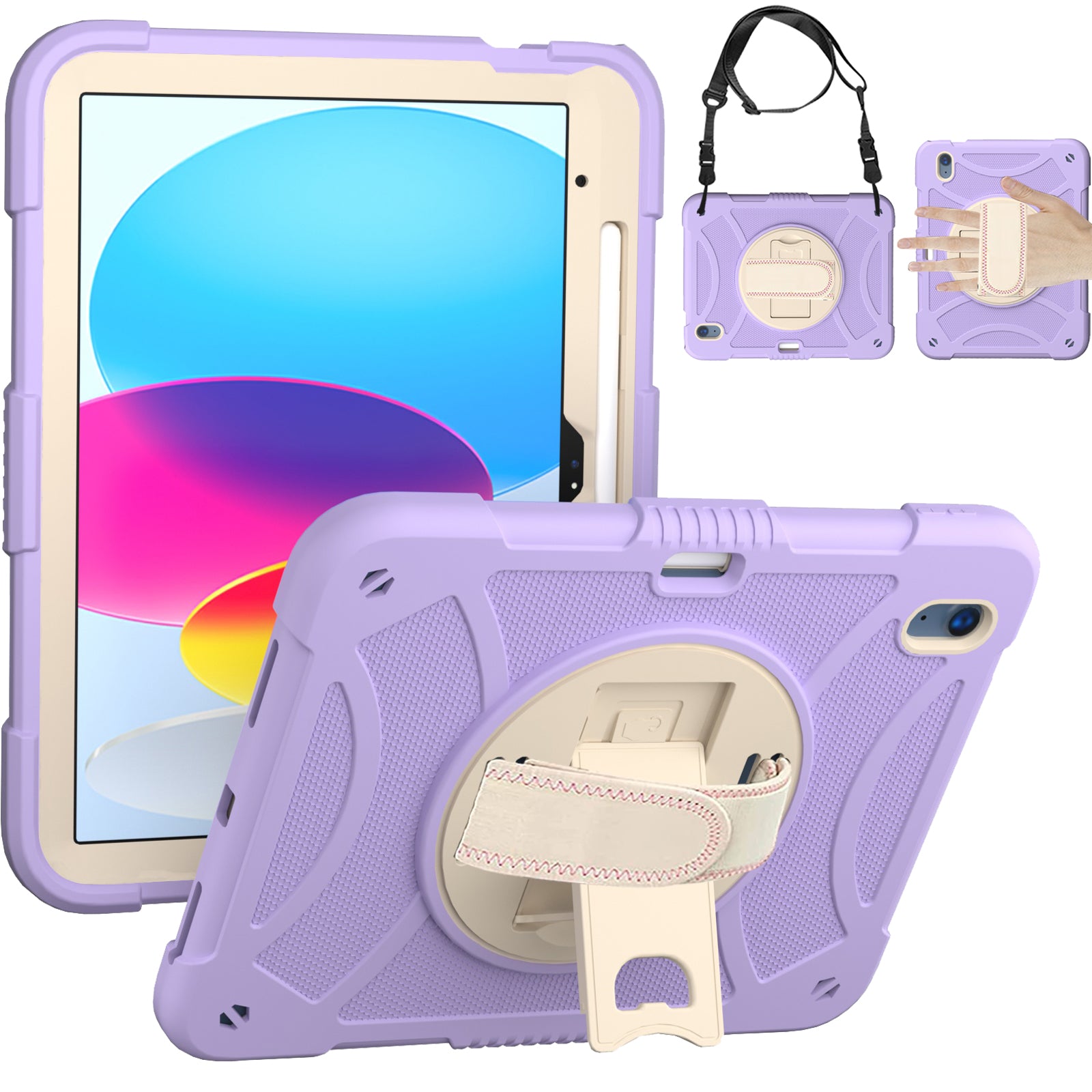 For iPad 10.9 (2022) Rotating Kickstand Tablet Case Silicone+PC Anti-Drop Cover with Pencil Holder / Shoulder Strap