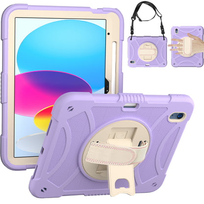For iPad 10.9 (2022) Rotating Kickstand Tablet Case Silicone+PC Anti-Drop Cover with Pencil Holder / Shoulder Strap