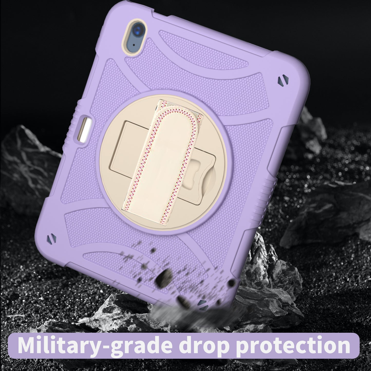 For iPad 10.9 (2022) Rotating Kickstand Tablet Case Silicone+PC Anti-Drop Cover with Pencil Holder / Shoulder Strap