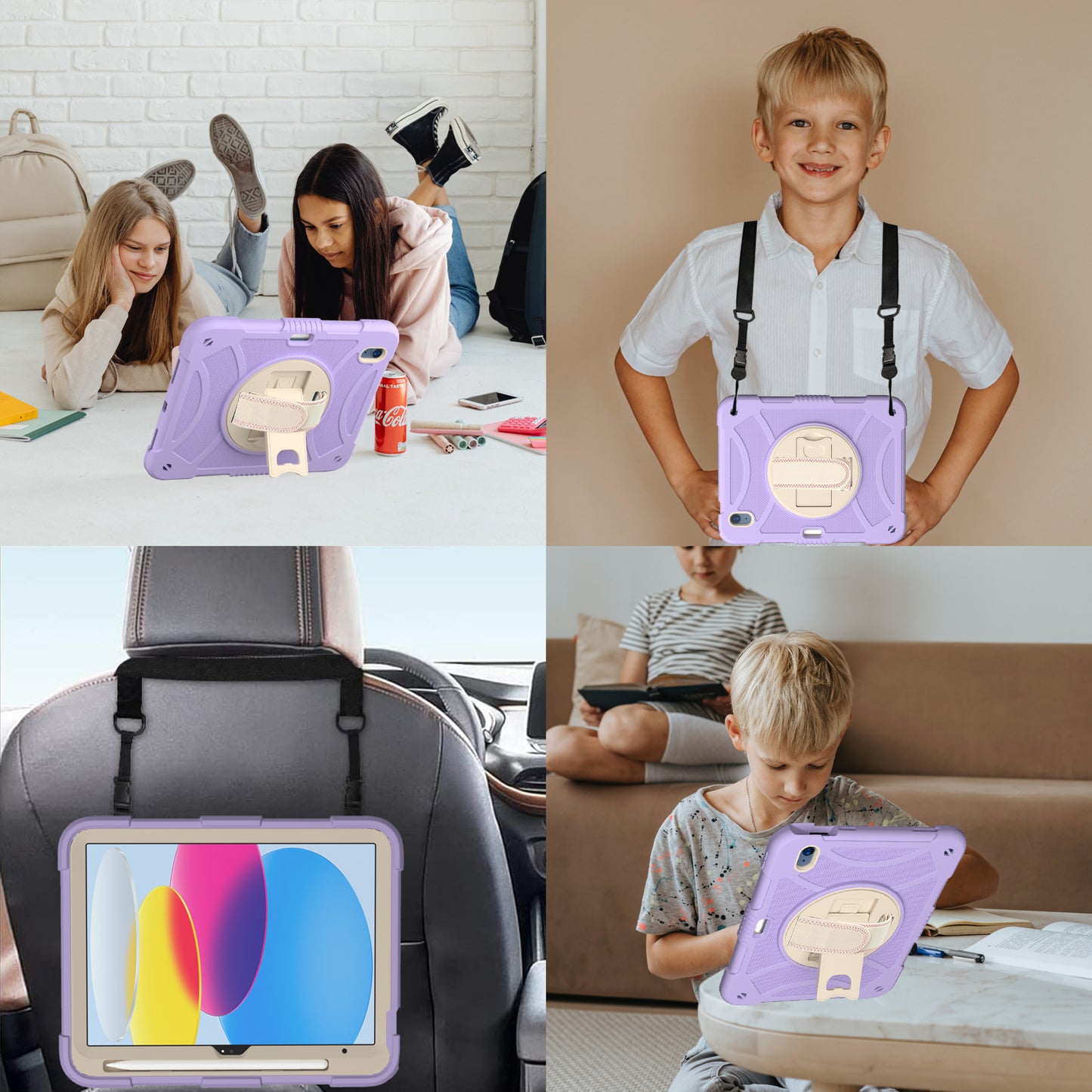 For iPad 10.9 (2022) Rotating Kickstand Tablet Case Silicone+PC Anti-Drop Cover with Pencil Holder / Shoulder Strap