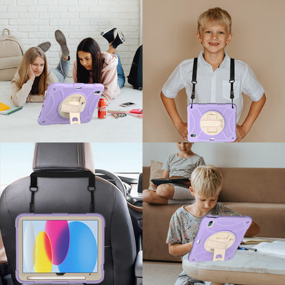 For iPad 10.9 (2022) Rotating Kickstand Tablet Case Silicone+PC Anti-Drop Cover with Pencil Holder / Shoulder Strap