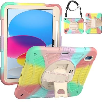 For iPad 10.9 (2022) Rotating Kickstand Tablet Case Silicone+PC Anti-Drop Cover with Pencil Holder / Shoulder Strap